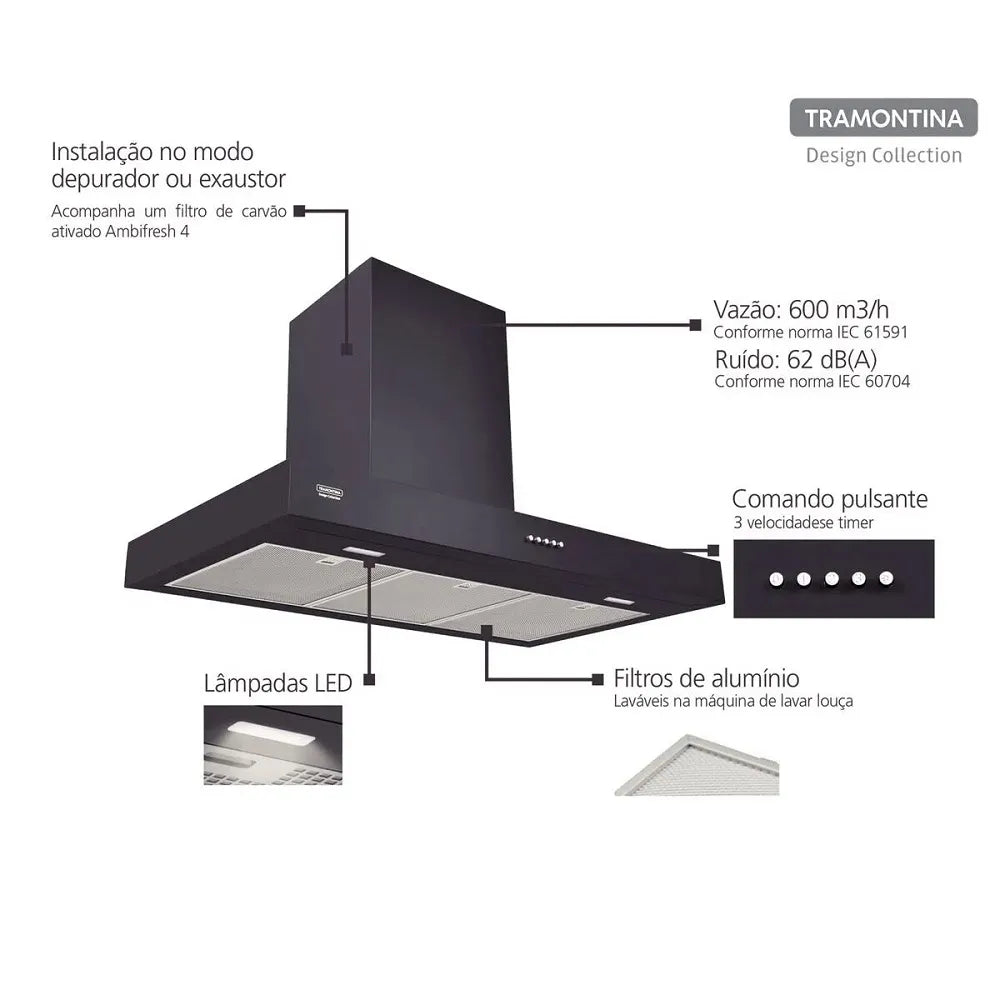 Coifa de Parede Tramontina 90cm Dritta Black Inox Preto - 220 Volts