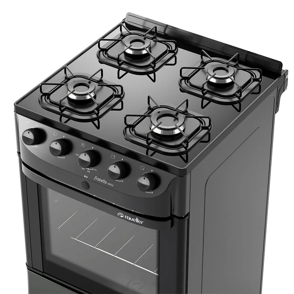 Fogão de Piso Mueller 4 bocas com mesa de vidro Fratello Vetro Preto – Bivolt