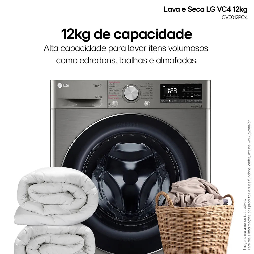 Lava e Seca LG 12Kg Smart com Inteligência Artificial AIDD Inox VC4 CV5012PC4A - 220 Volts