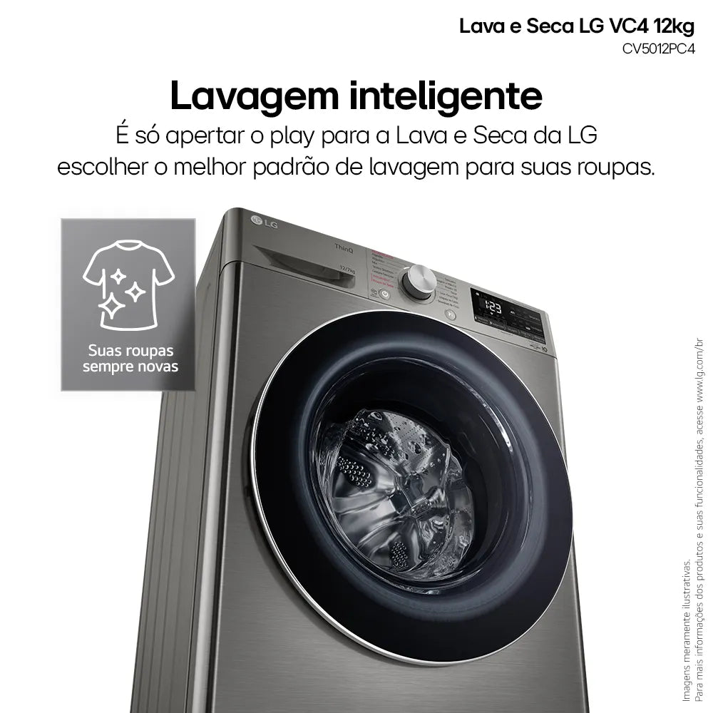 Lava e Seca LG 12Kg Smart com Inteligência Artificial AIDD Inox VC4 CV5012PC4A - 220 Volts