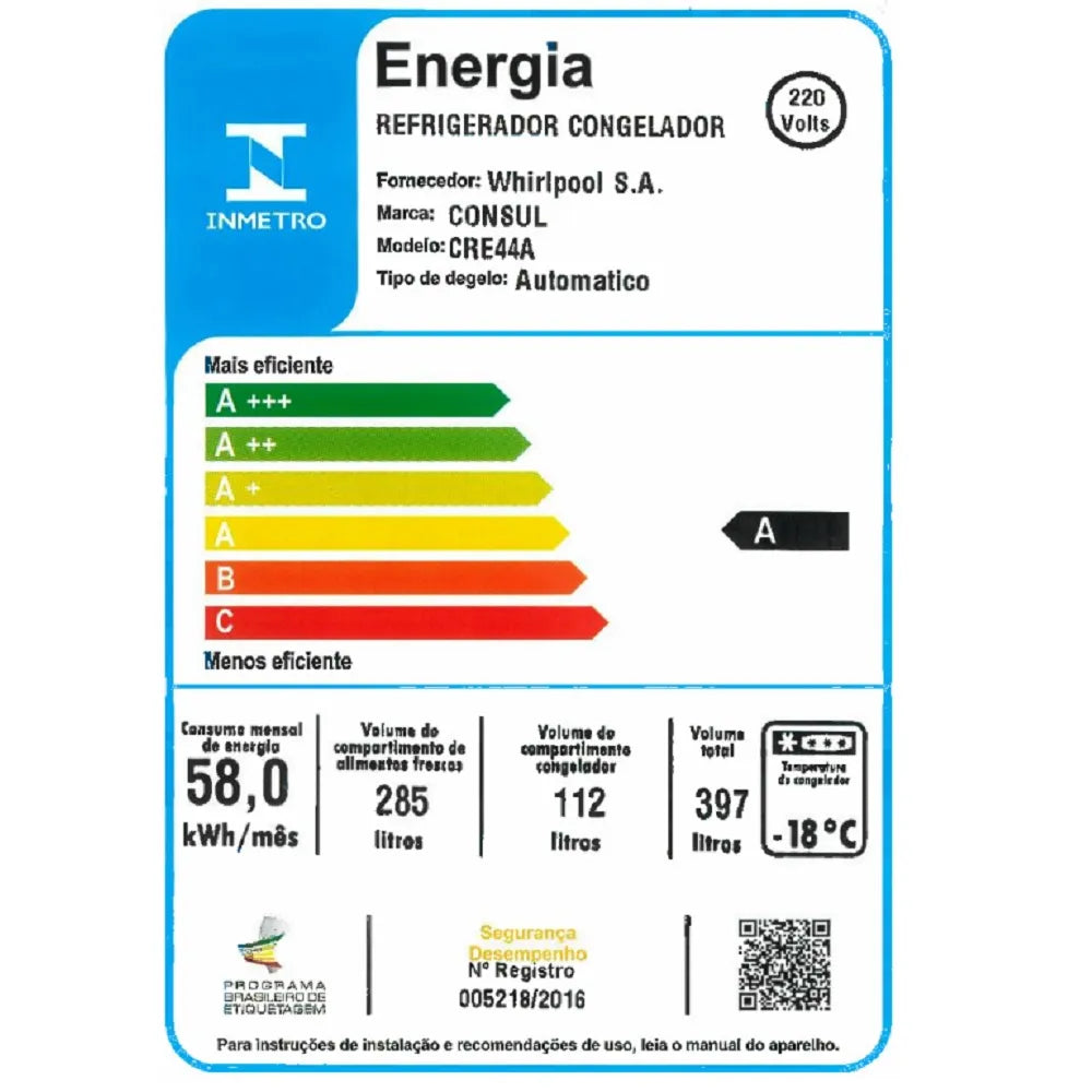 Refrigerador Consul Frost Free Duplex 397 Litros com Freezer Embaixo Branca CRE44AB – 220 Volts