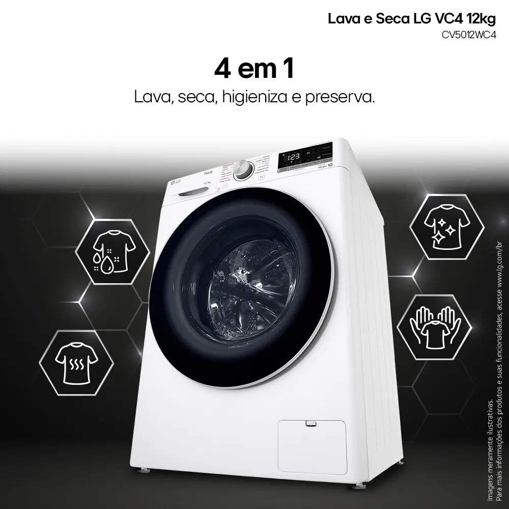 Lava e Seca LG 12Kg Smart com Inteligência Artificial AIDD Branca VC4 CV5012WC4A - 220 Volts