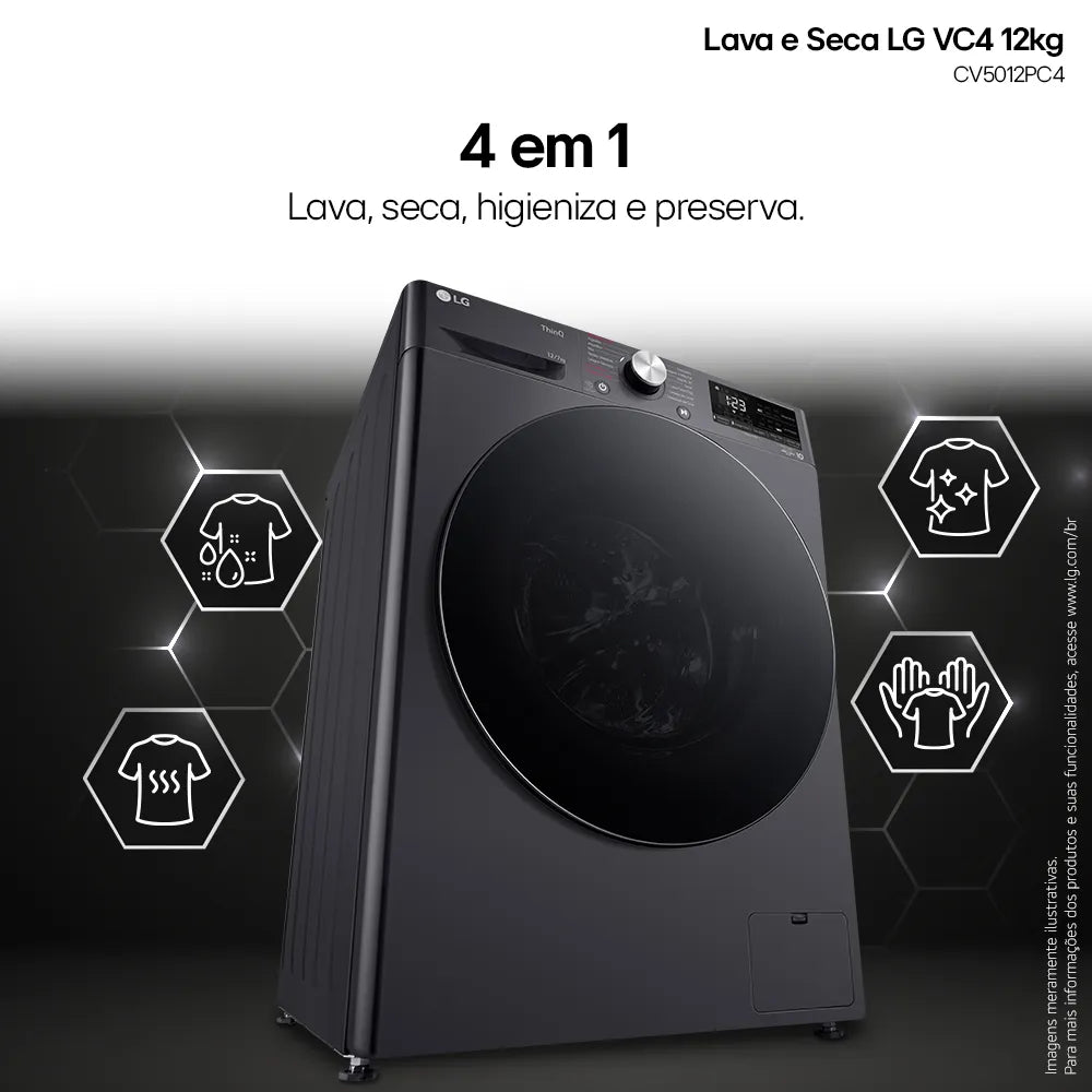 Lava e Seca LG 12Kg Smart com Inteligência Artificial AIDD Inox VC4 CV5012PC4A - 220 Volts