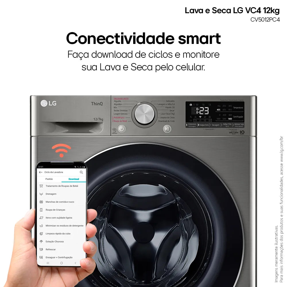 Lava e Seca LG 12Kg Smart com Inteligência Artificial AIDD Inox VC4 CV5012PC4A - 220 Volts