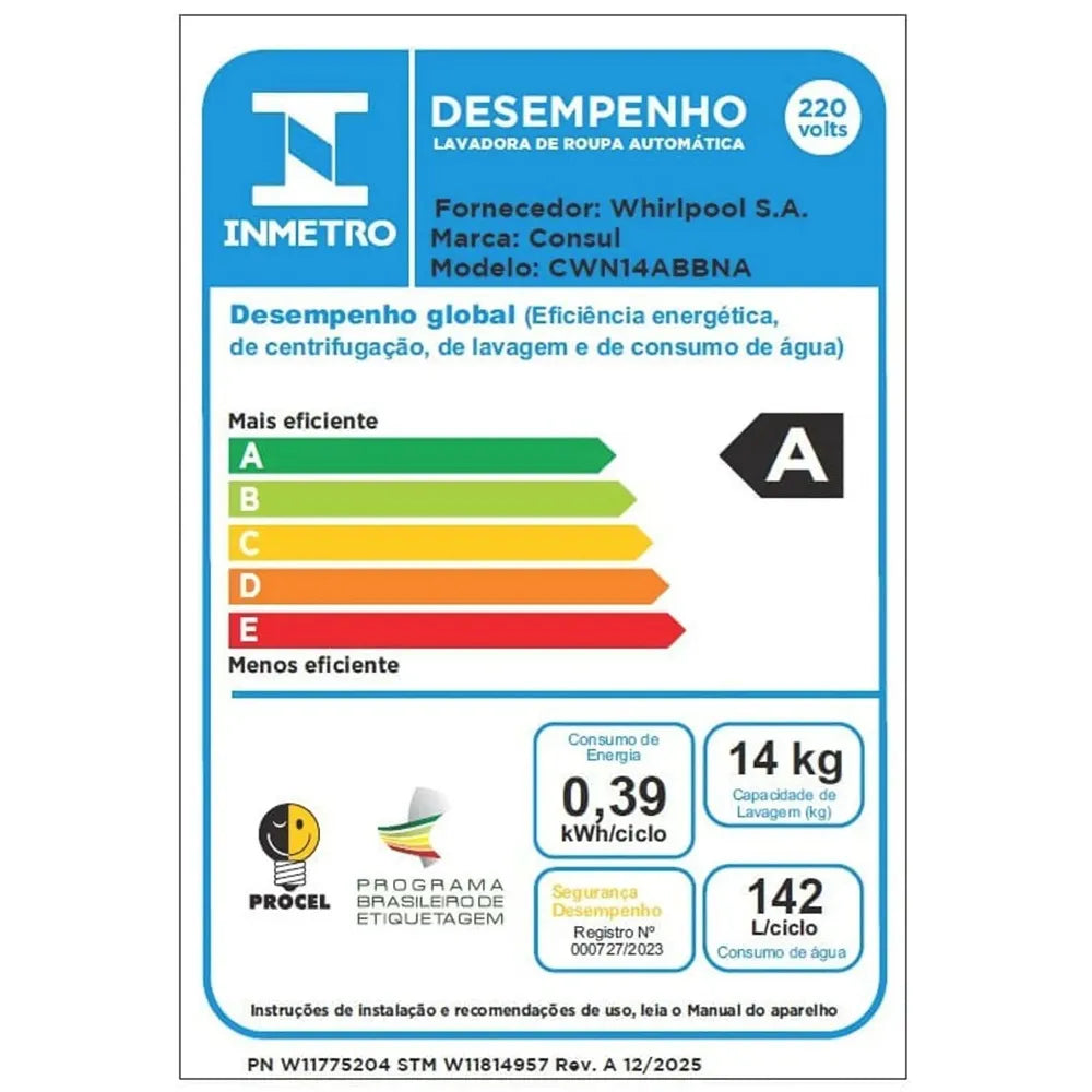 Lavadora de Roupas Consul 14Kg com Modo Eco Branca CWN14AB - 220 Volts