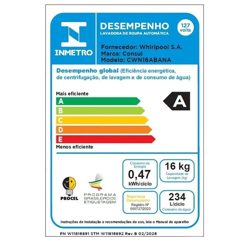 Lavadora de Roupas Consul 16Kg com Modo Eco Branca CWN16AB - 127 Volts