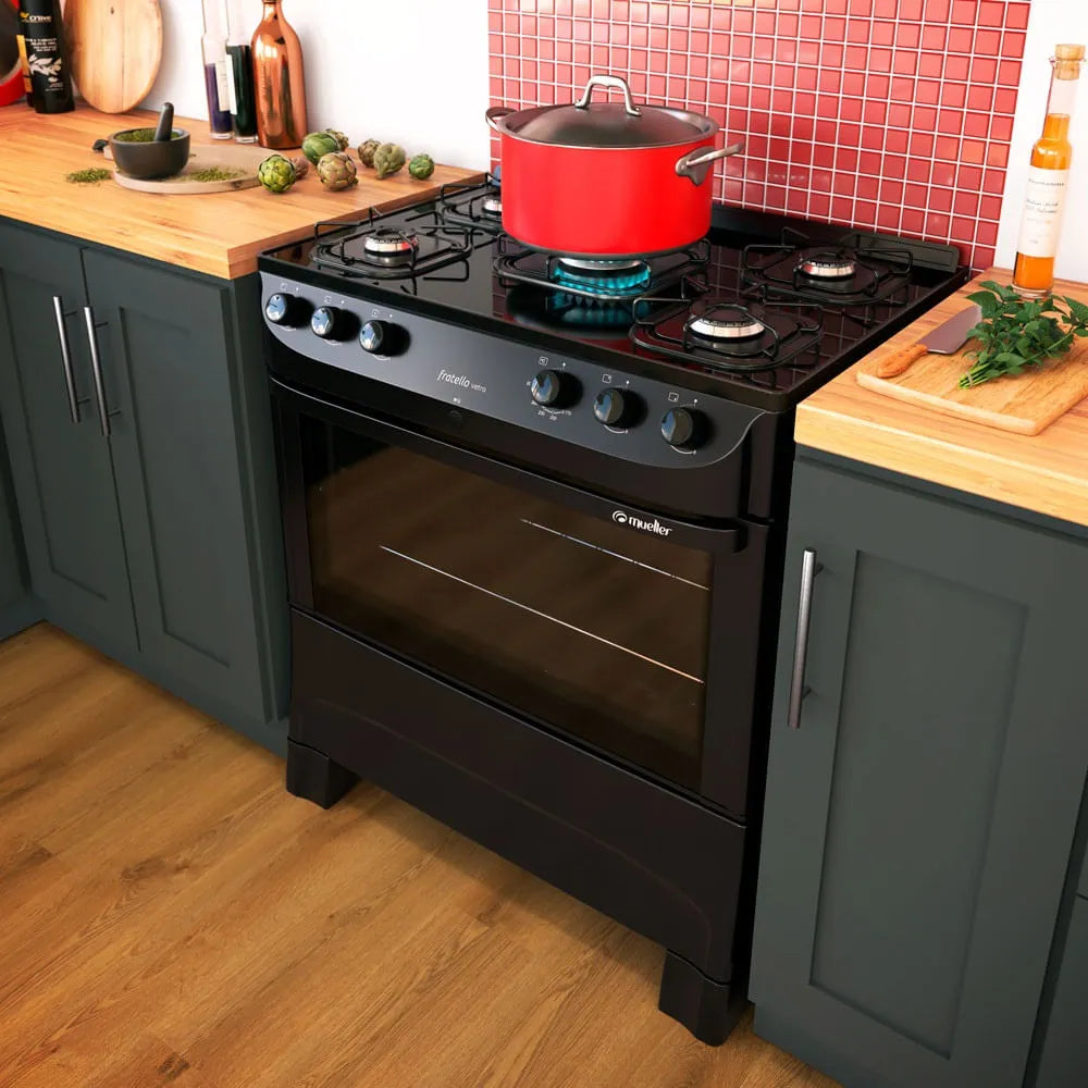 Fogão de Piso Mueller 5 Bocas Fratello Vetro com Mesa de Vidro Preto - Bivolt
