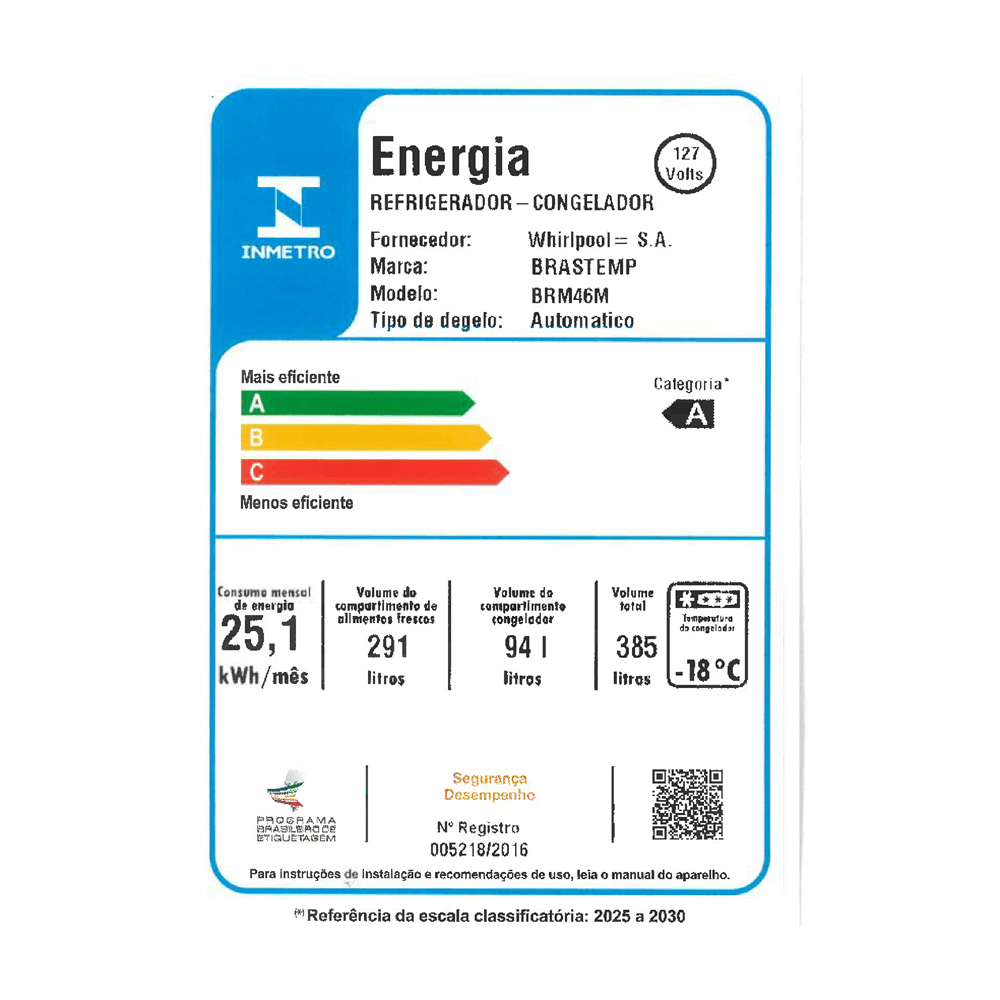 Refrigerador Brastemp Frost Free Duplex 385 Litros Branco BRM46MB – 127 Volts